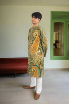Souchii Men Green & Mustard Pure Cotton Paisley Printed Straight Kurta