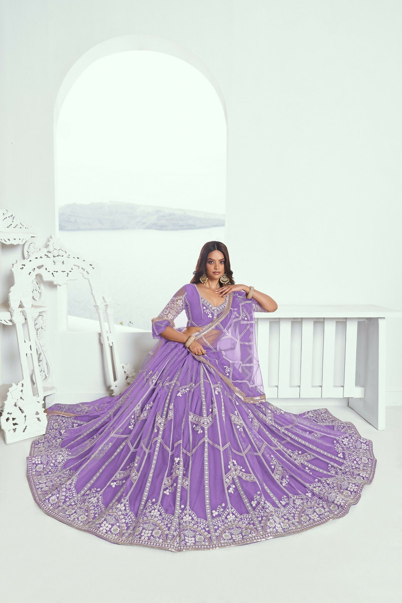 Eilara Lavender Purple Net Embroidered Flared Style Lehenga