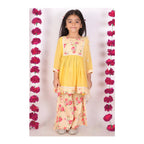 Little Bansi Girls Rose print Kurta Frock with Floral Plazzo and Dupatta - Yellow