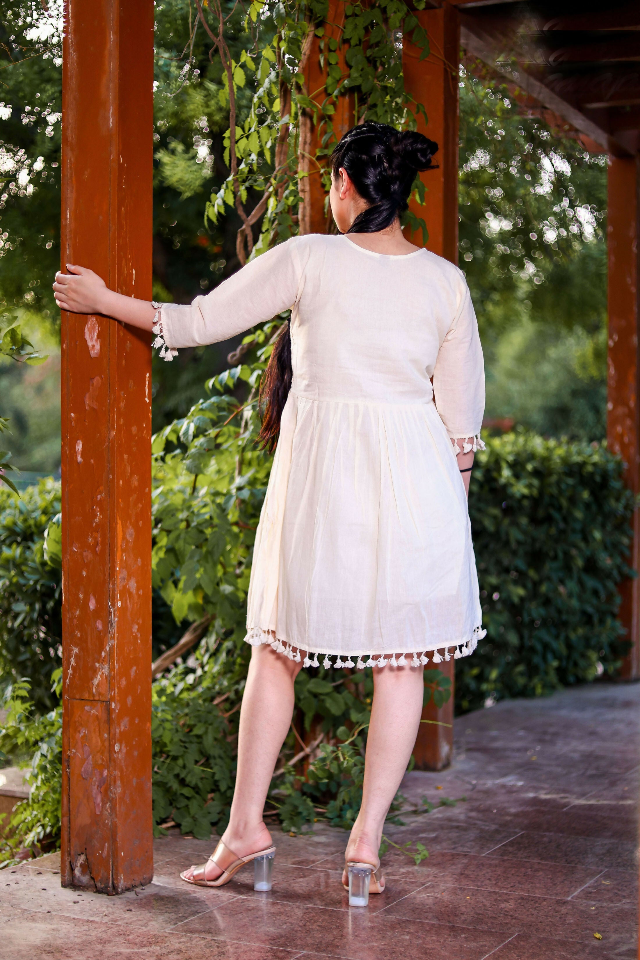 Aayaa Designer Multi Thread Hand Work Khadi Cotton One Piece Dress - Off White