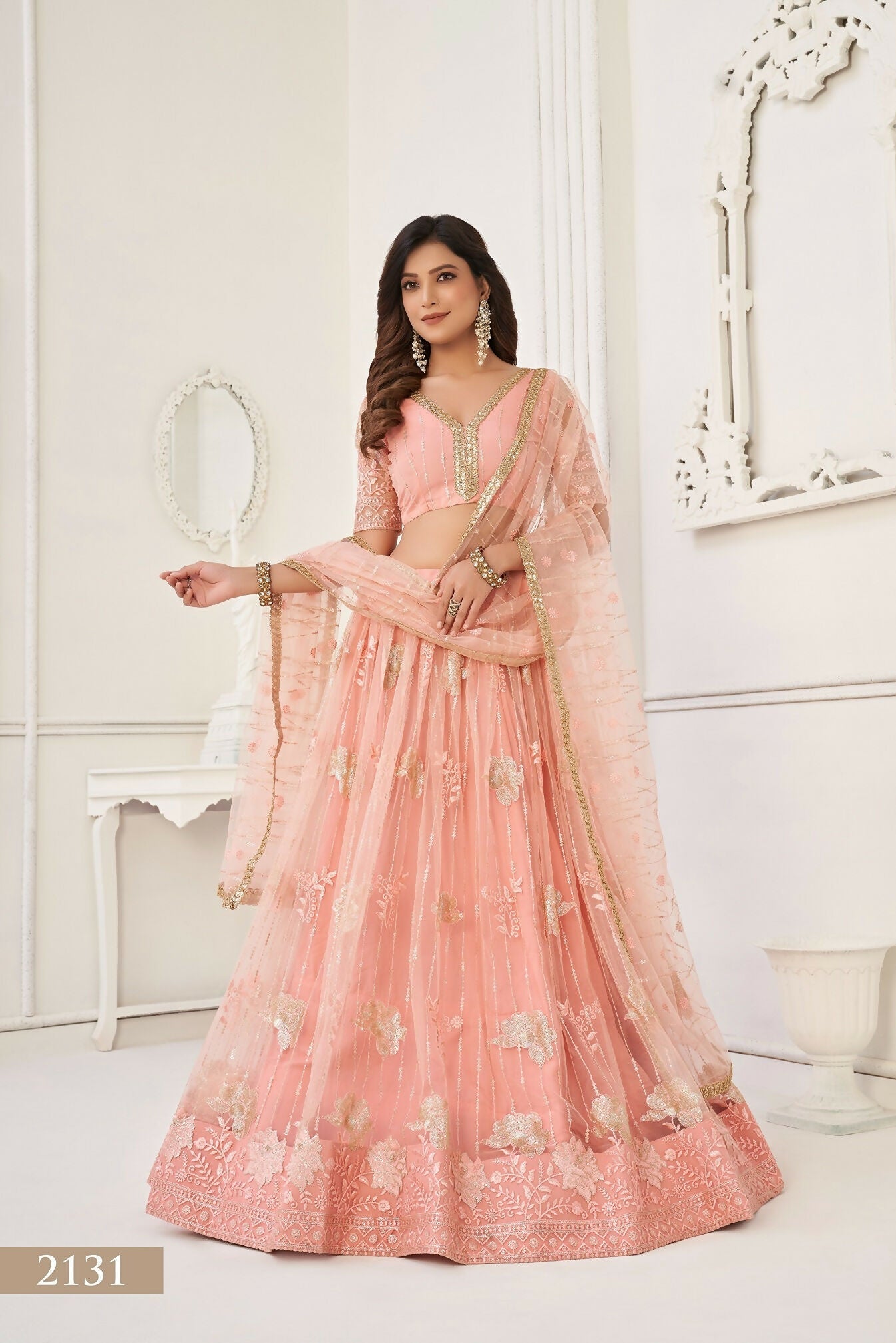 Eilara Women'S Peach Butterfly Net With Sequins And Embroidery Work Lehenga Choli For Party Wear