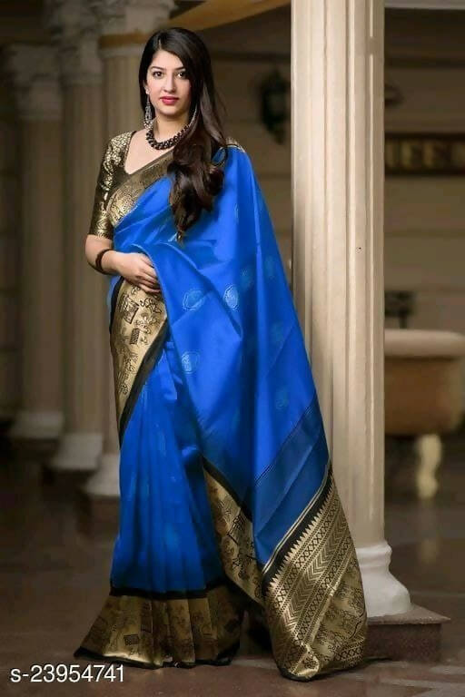 DEIANA'S Beautiful Designer Golden zari Soft Lichi Silk Saree - Royal Blue