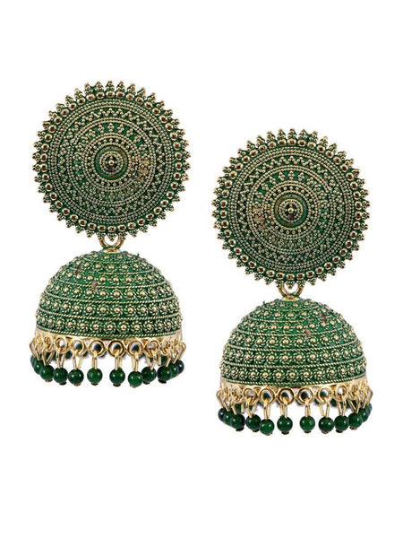 Mominos Fashion Joharkamal Gold-Polished Meenakari Jhumkas For Women & Girls (Green)