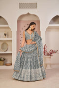 Aastha Fashion Gray Butterfly Net White Cotton Thread Work, Zari Work And Sandwich Sequence Work Embroidery Wedding Wear Lehenga Choli