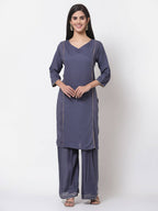 Myshka Women's Grey Viscose Solid 3/4 Sleeve V Neck Casual Kurta Palazzo Dupatta Set