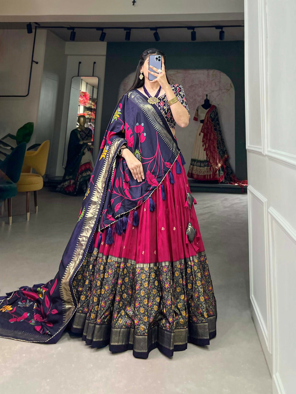Vastranavya Stunning Look Tussar Silk Printed With Foil Work Indian Lehenga Choli - Pink