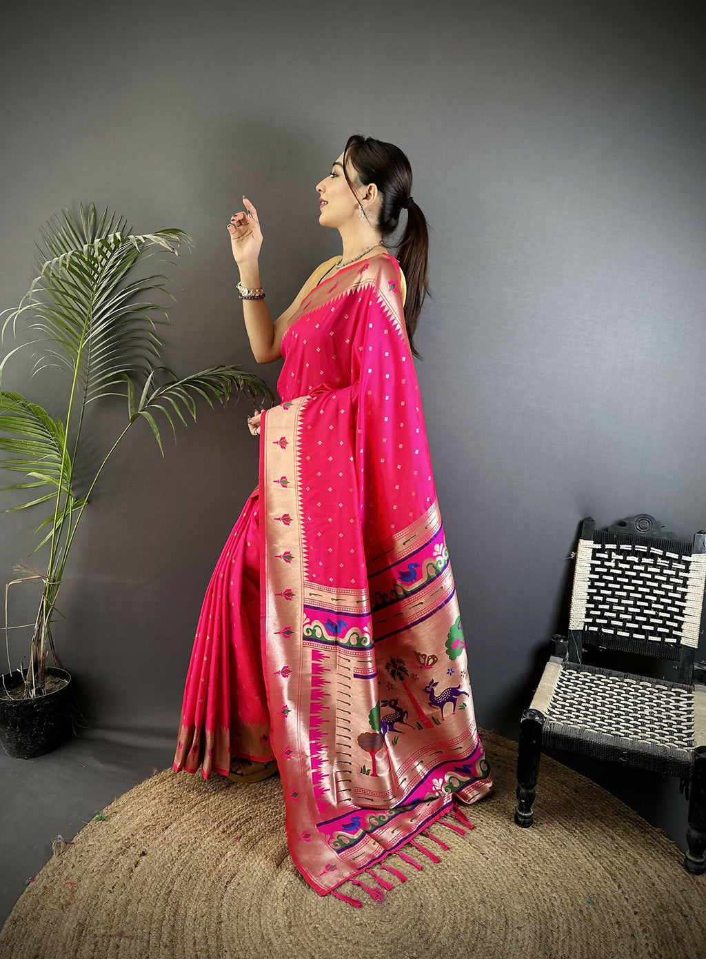 Joban Fashion Rani Pink Peacock & Floral Motifs Soft Lichi Silk Kanchipuram Saree - Distacart