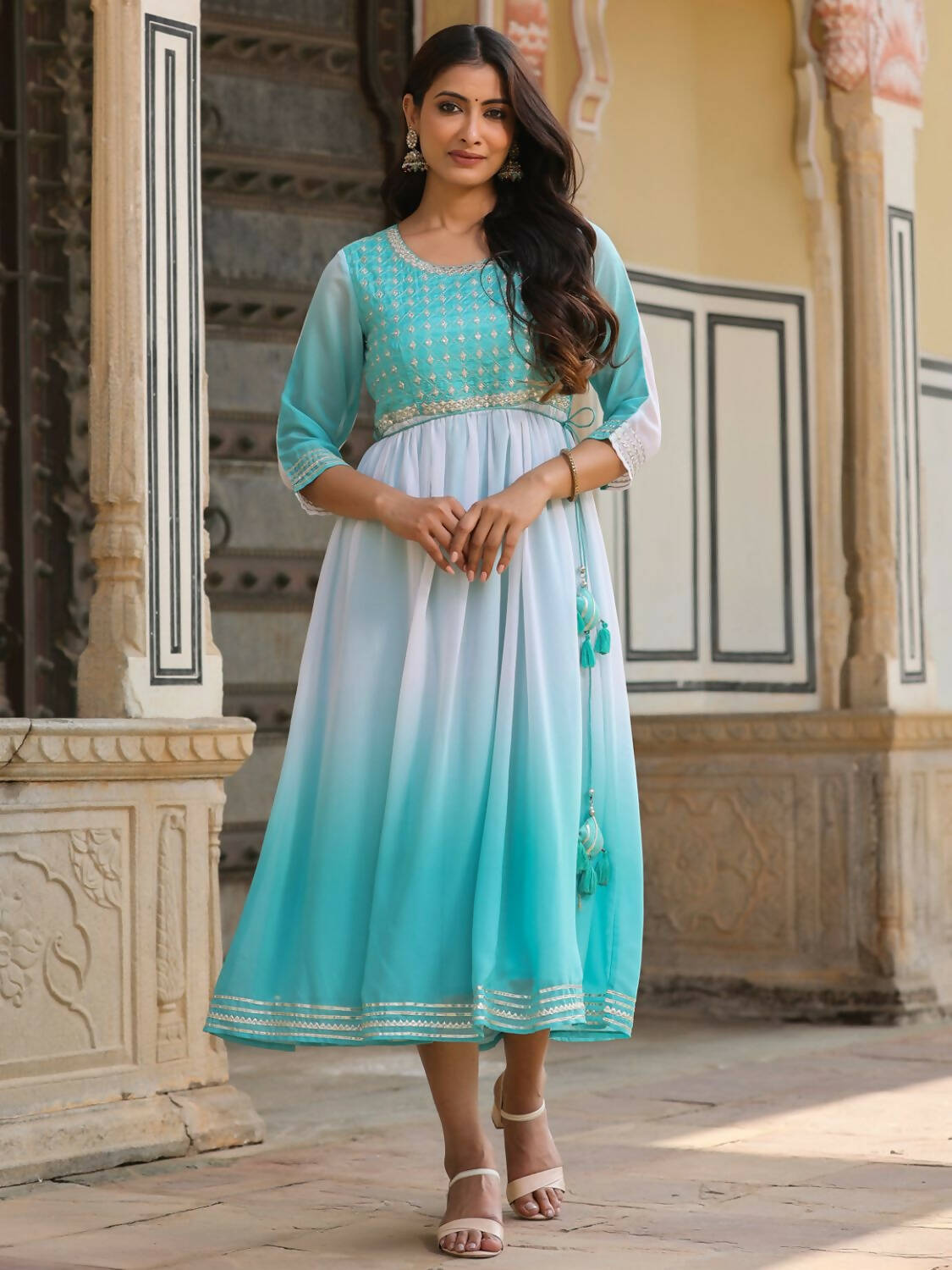 Juniper Women Teal Georgette Embroidered Maxi Dress - Distacart