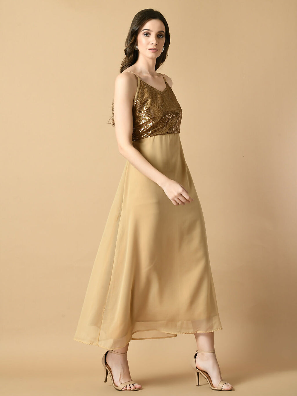 Myshka Women's Beige Solid Georgette Party Dress - Distacart