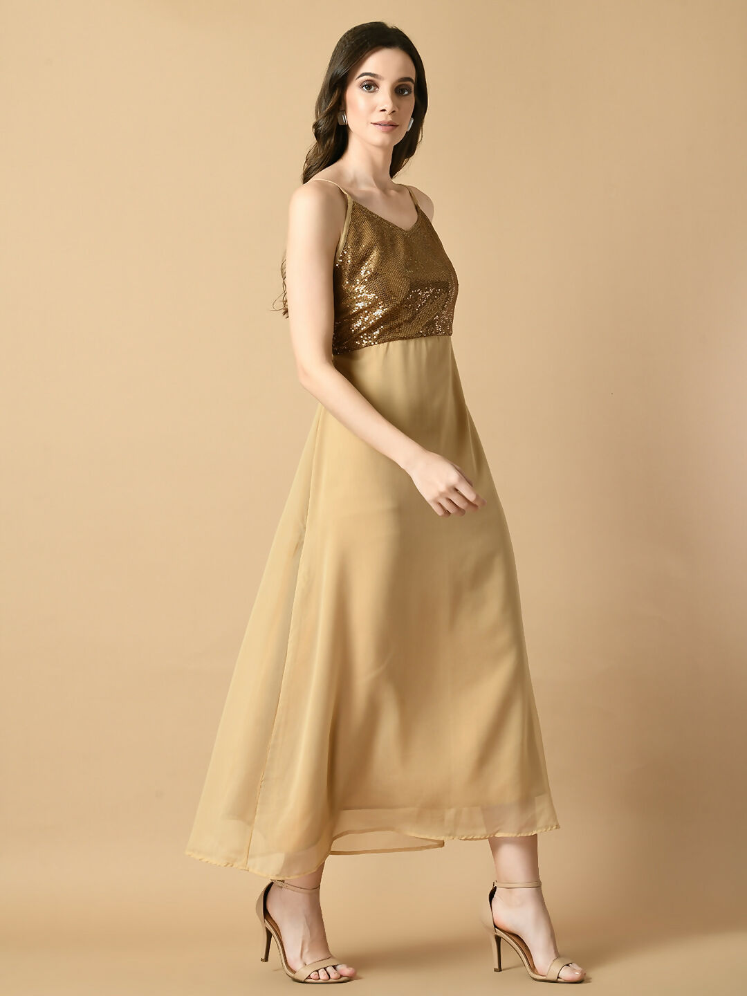 Myshka Women's Beige Solid Georgette Party Dress - Distacart