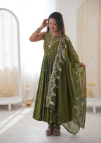 Teeya Creation Green Color Roman Silk Embroidery Work Party Wear Gown - Distacart
