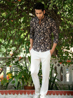 Miravan Men's Cotton Black Floral Printed Full Sleeve Slim Fit Shirt