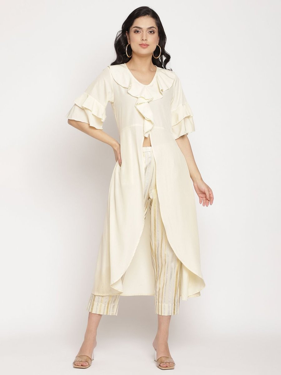 Ahalyaa Women Off White Layered Kurta With Trousers