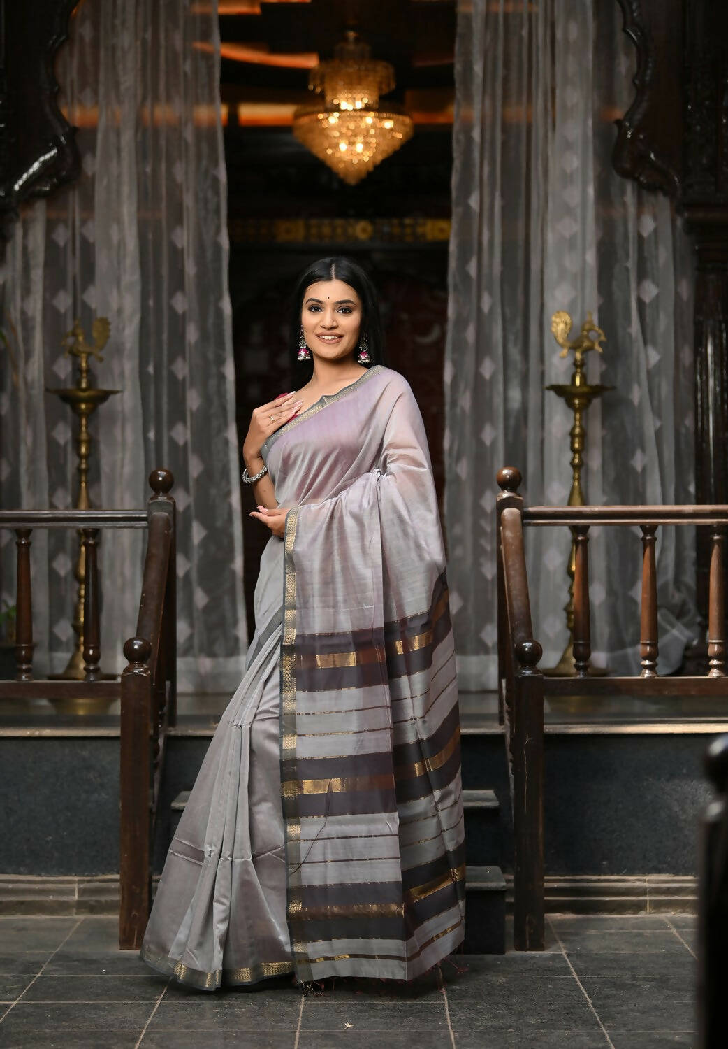 Very Much Indian VMI Exclusive Designer! Handloom Cotton Silk Saree With Sleek Golden Border - Grey Shade