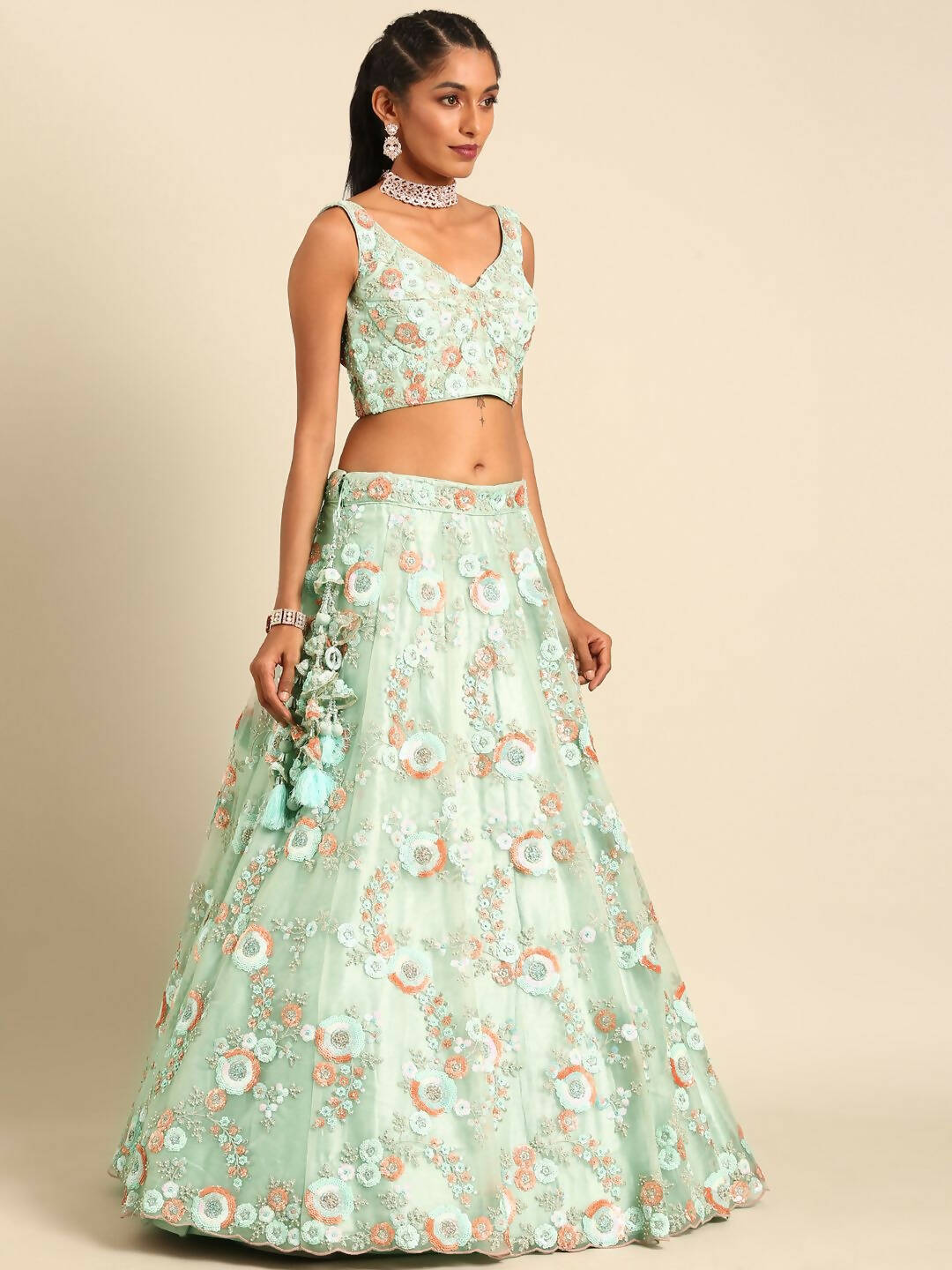 House of Panchhi Sea Green Net Sequins and Zarkan embroidery Lehenga choli & Dupatta