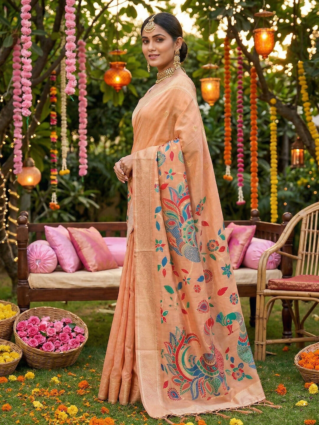 Shree Shyam Fashion Peach Linen Cotton Saree - Distacart