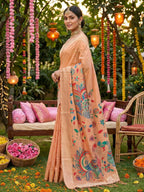 Shree Shyam Fashion Peach Linen Cotton Saree - Distacart