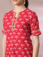 Myshka Women's Pink Printed Cotton Straight Party Kurta Set