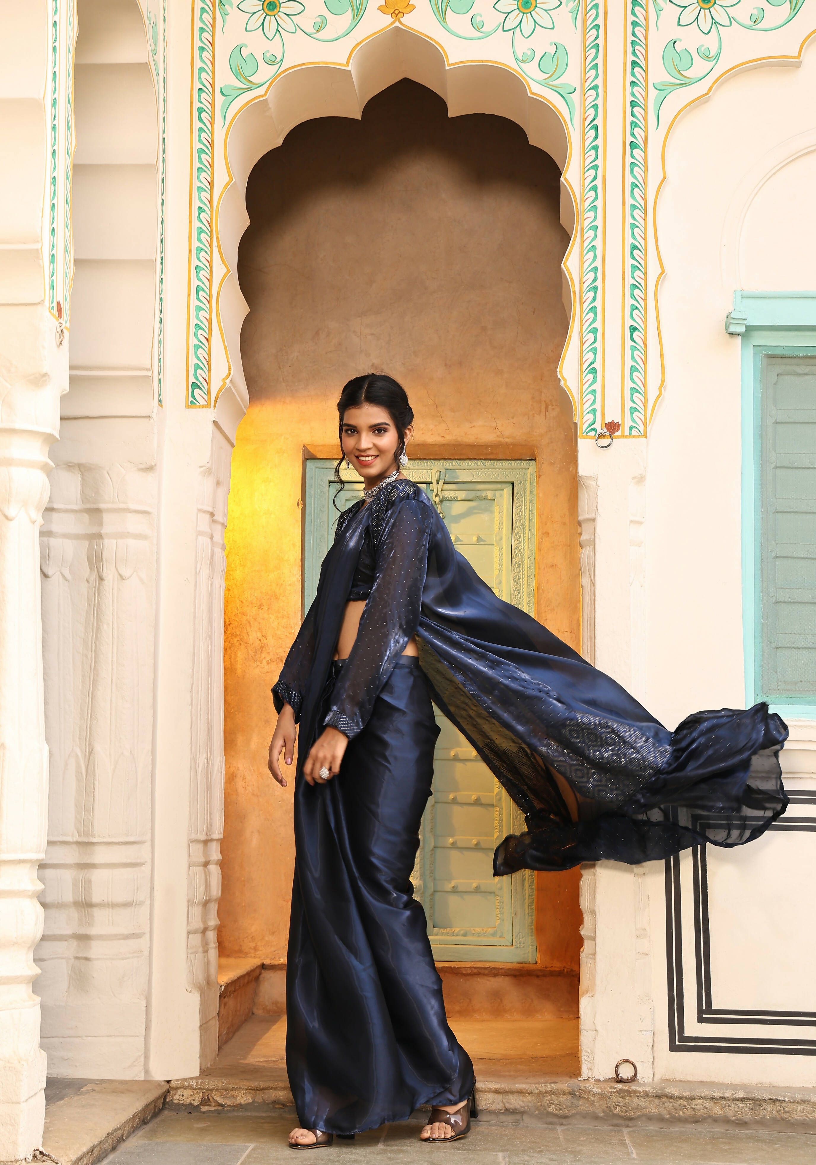 Navy Blue Tom Silk Plain Ready To Wear Saree With Stitched Blouse - Satiksha