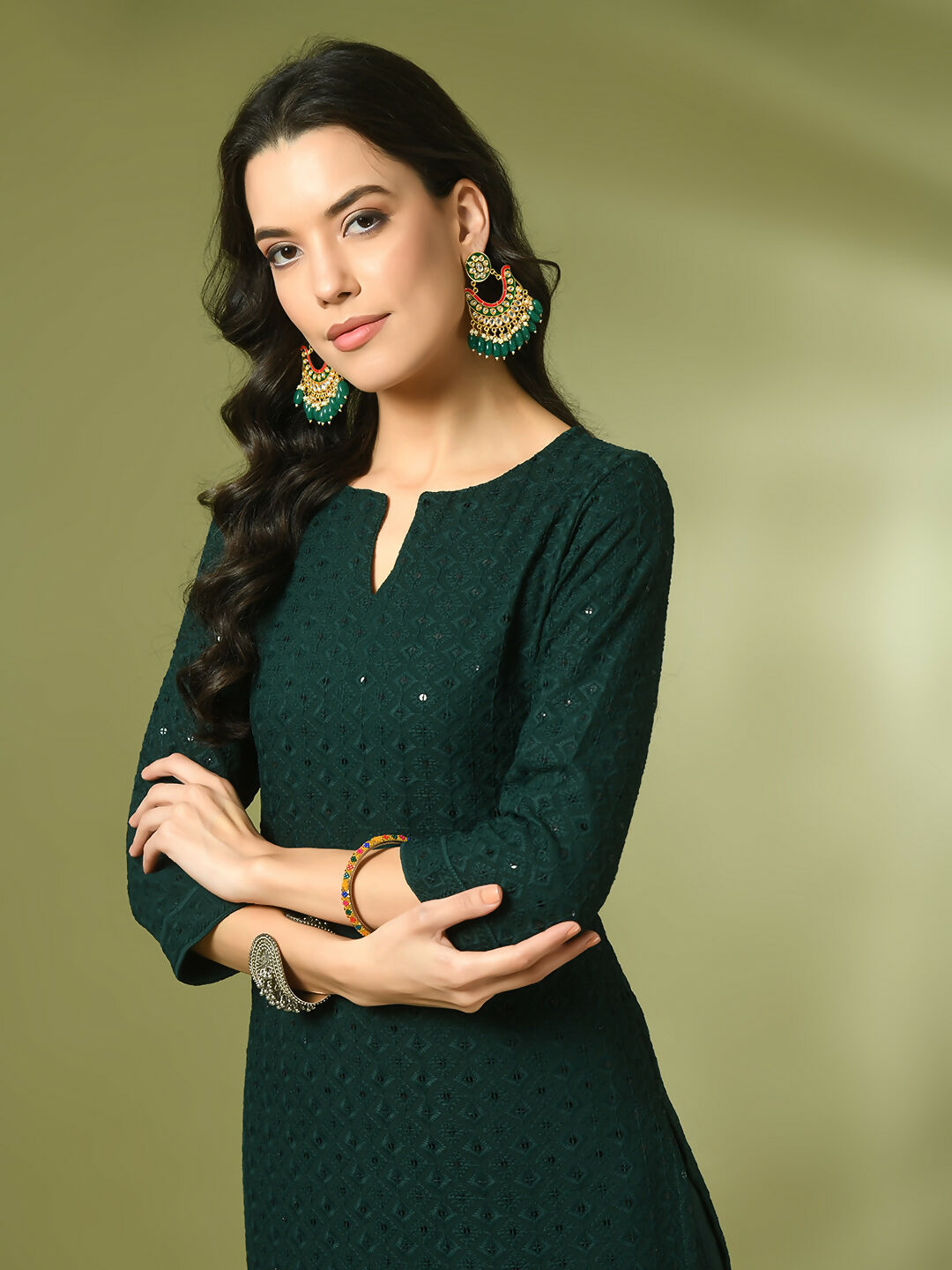 Myshka Women's Green Embroidered Cotton Straight Party Kurta Set