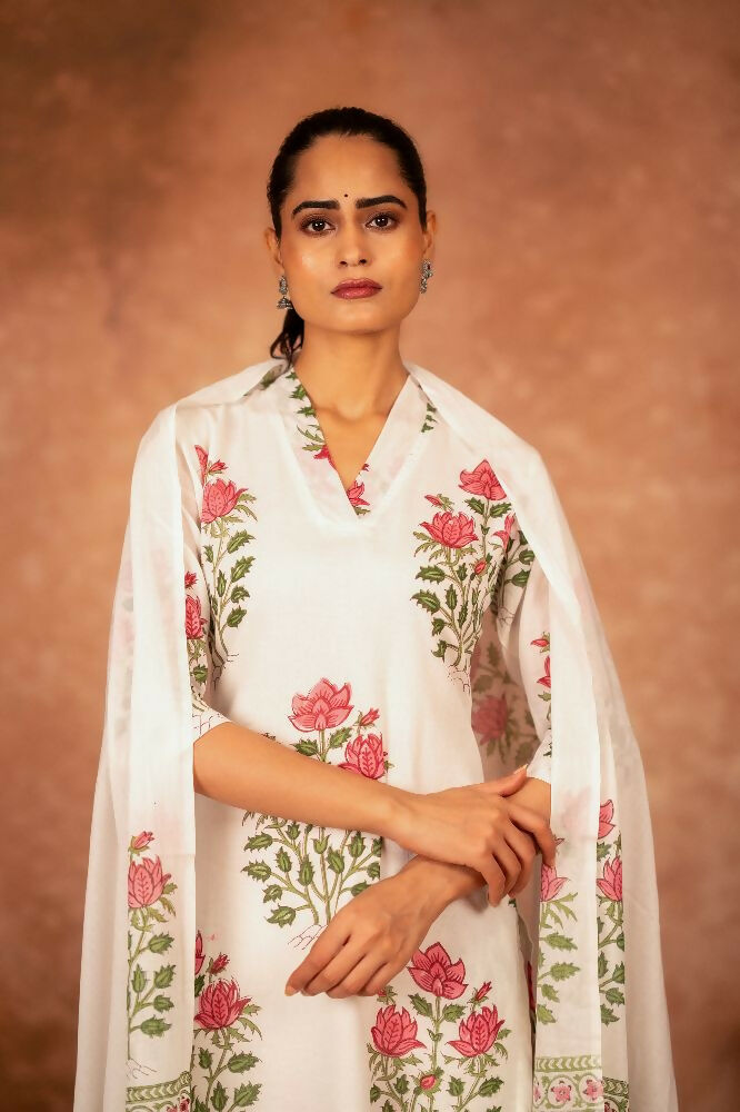 Joban Fashion Off White Red Hand Block Printed Cotton Suit Set - Distacart