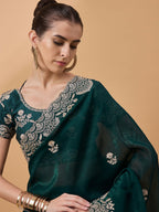Teal Silk Embroidered Saree with Unstitched Blouse Piece - Satya