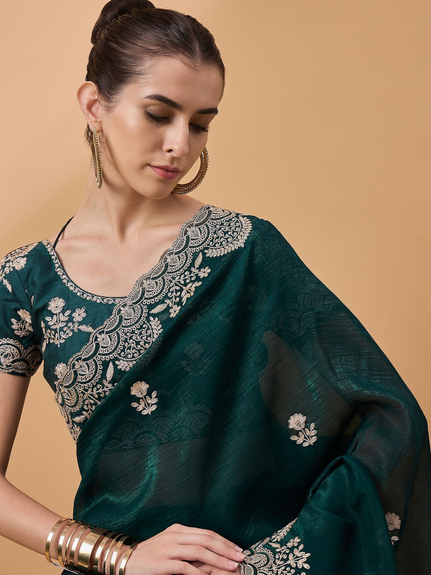 Teal Silk Embroidered Saree with Unstitched Blouse Piece - Satya