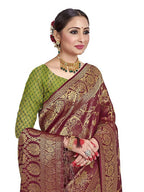 Vardha Women's Maroon Color Kanchipuram Raw Silk Saree with Unstitched Blouse Piece