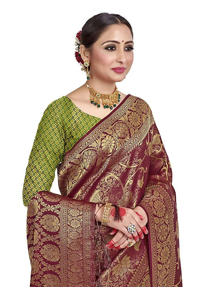 Vardha Women's Maroon Color Kanchipuram Raw Silk Saree with Unstitched Blouse Piece
