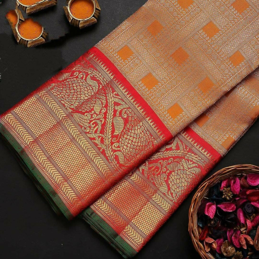 DEIANA'S Beautiful Designer Golden zari Soft Lichi Silk Saree - Orange