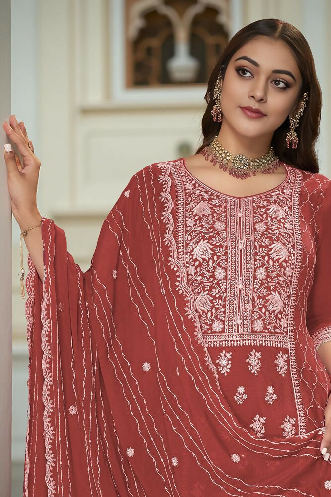 Ethnic Festive Wear Premium Chinon Fabric Rust orange Stitched Suit With Dupatta-Zeeya