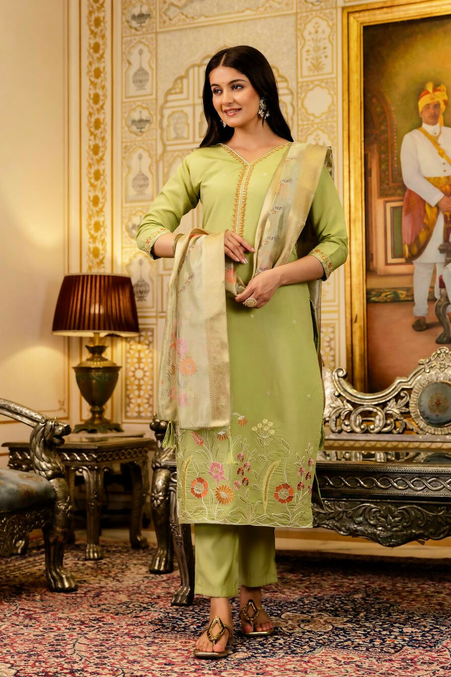 The52 Lemons Women's Beautiful Viscose Shimmer Fabric Embroidered Work Straight Kurta Pant and Dupatta Set - Distacart