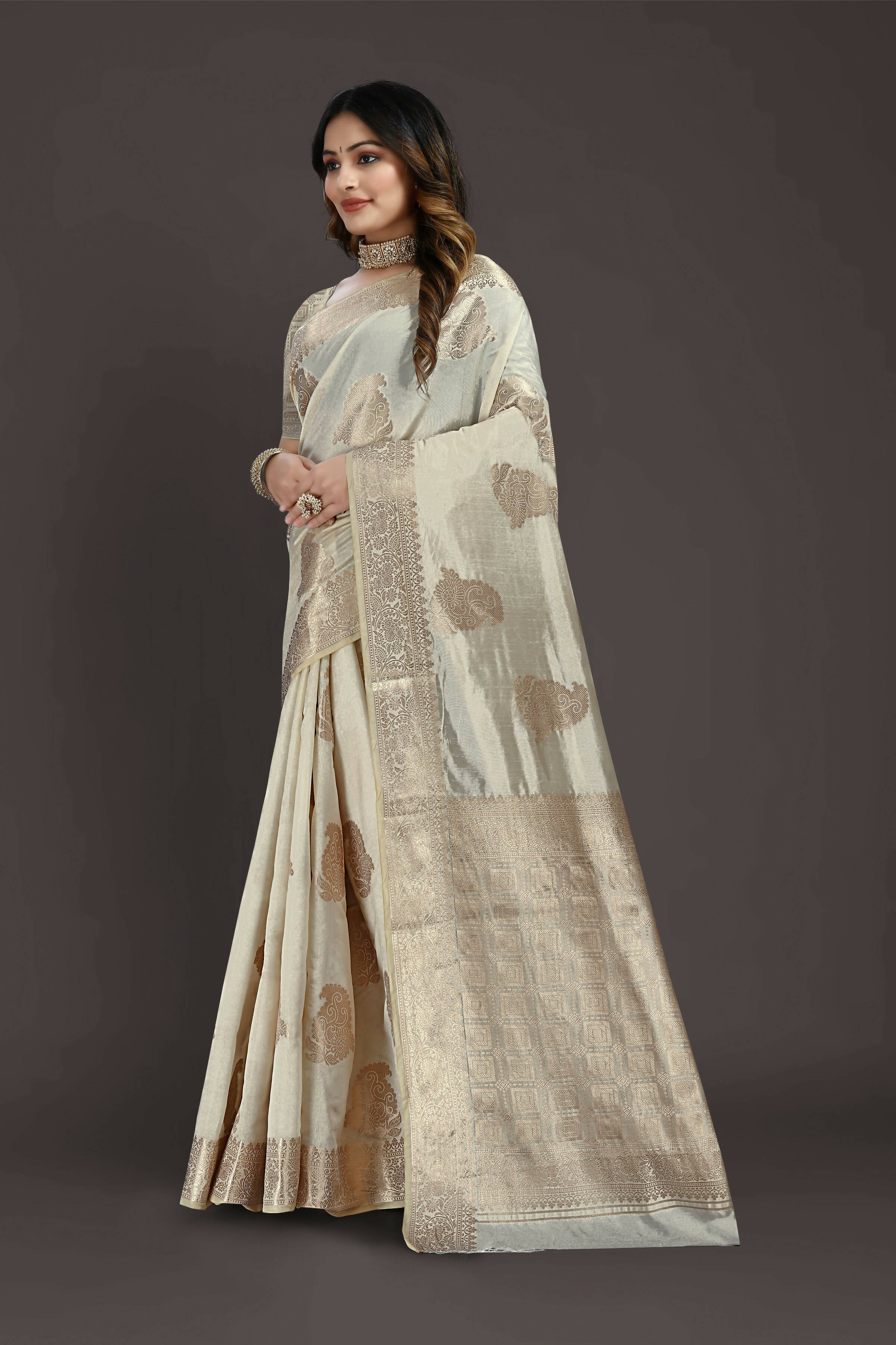 Off White Pure Raw Silk Zari Woven Saree with Unstitched Blouse Piece - Alisha