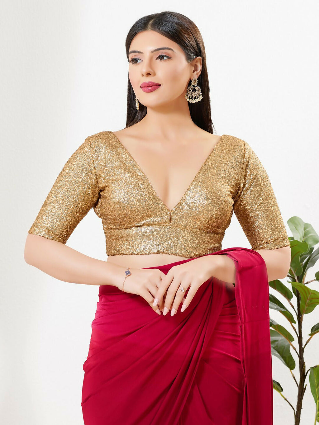 Joban Fashion Gold Silk Padded Blouse With V Neck Elbow Sleeves - Distacart