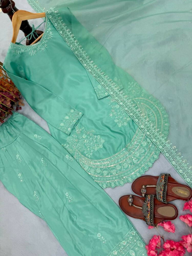 Teeya Creation Turquoise Color Natural Creap Silk Designer Fancy Party Wear Salwar Suit - Distacart