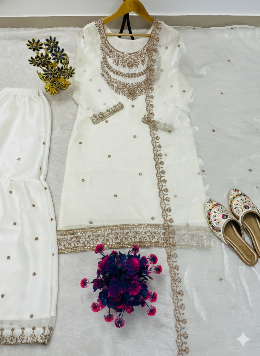 Teeya Creation Cream Color Fendy Satin Silk Heavy Embroidery Work Sharara Suit - Distacart
