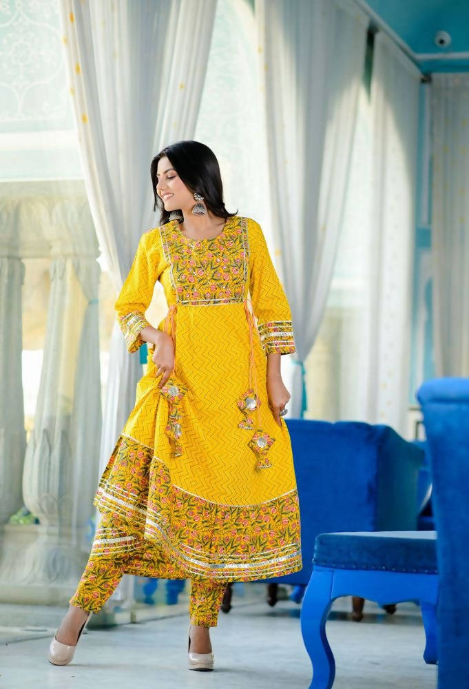 Yufta Women Yellow Handblock Anarkali Kurta with Trouser & Dupatta