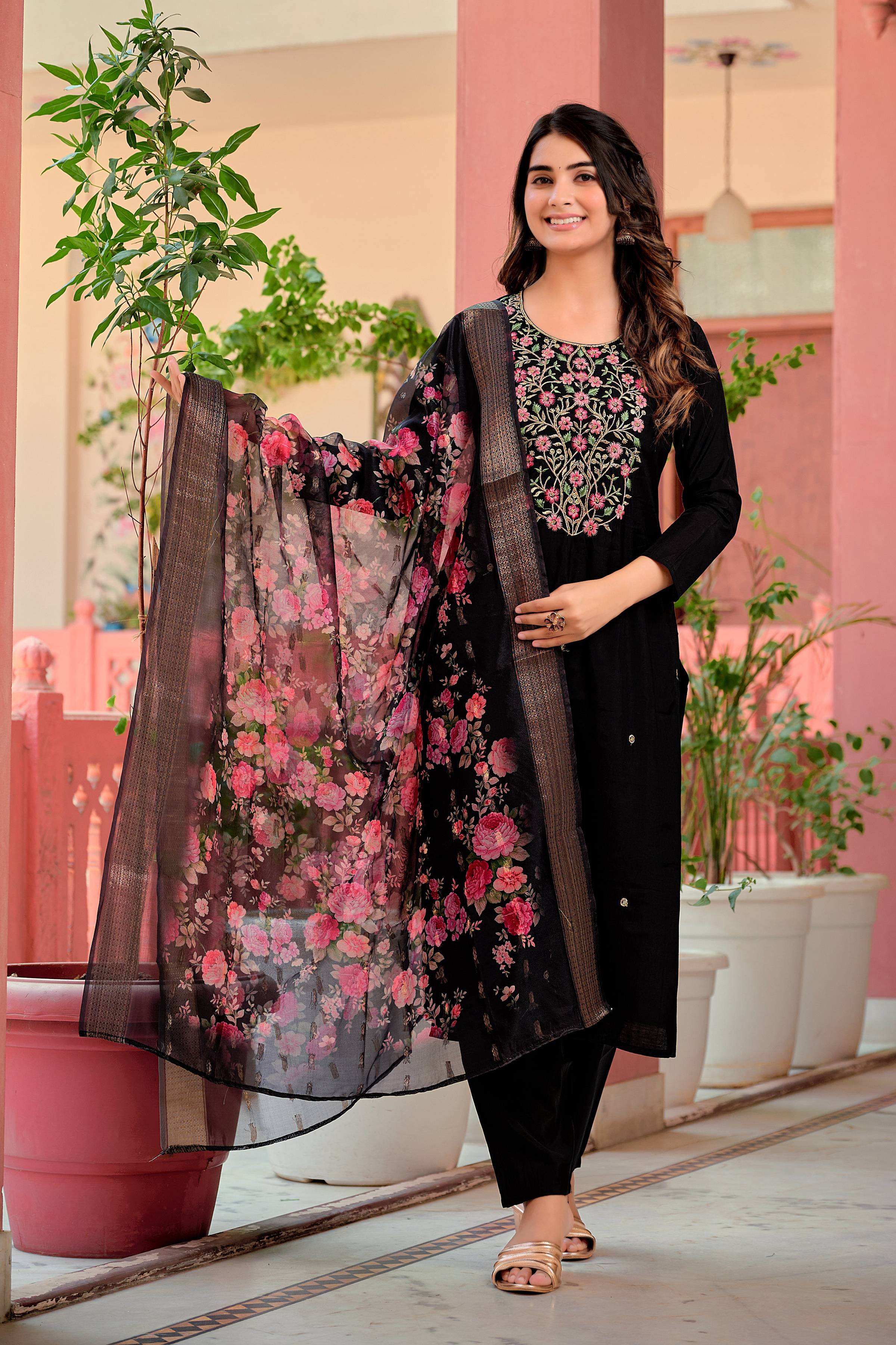 Hand Embroidered Kurta With Pant & Dupatta Premium Luxury, Multicolor - Hiral Fashion - Distacart