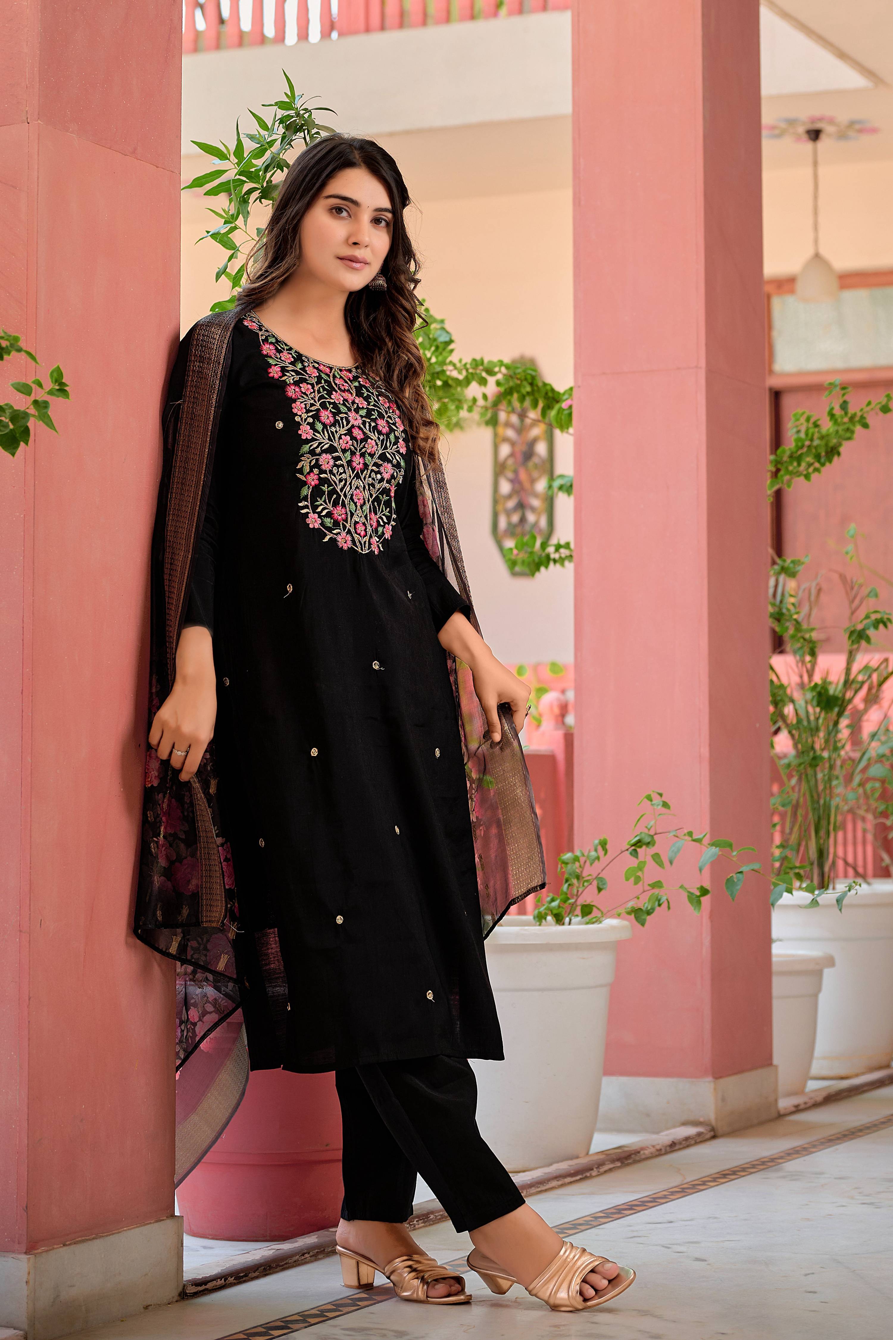 Hand Embroidered Kurta With Pant & Dupatta Premium Luxury, Multicolor - Hiral Fashion - Distacart