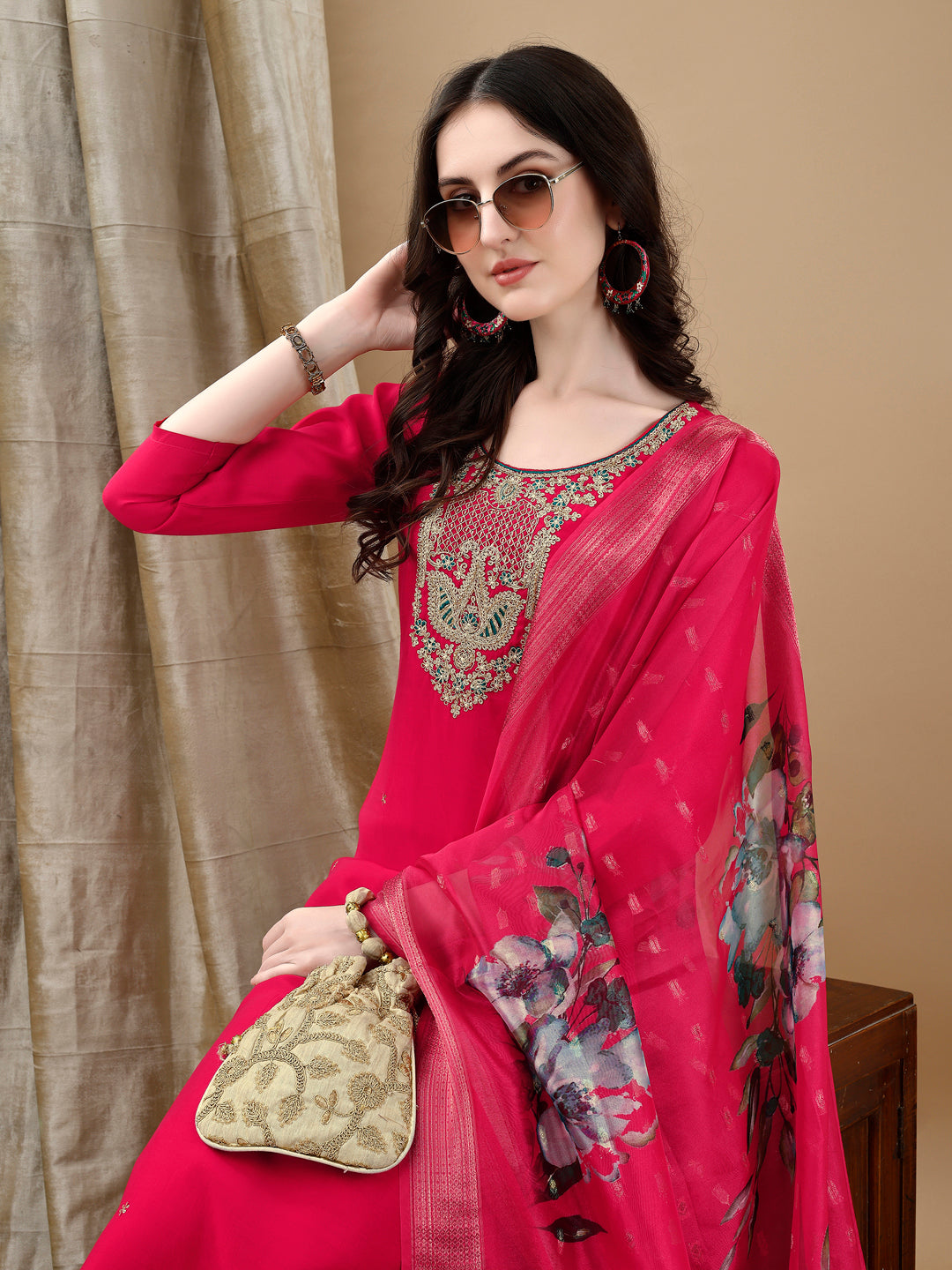 Hand Embroidered & Lace Detailed Kurta With Pant & Dupatta, Pink - Hiral Fashion - Distacart
