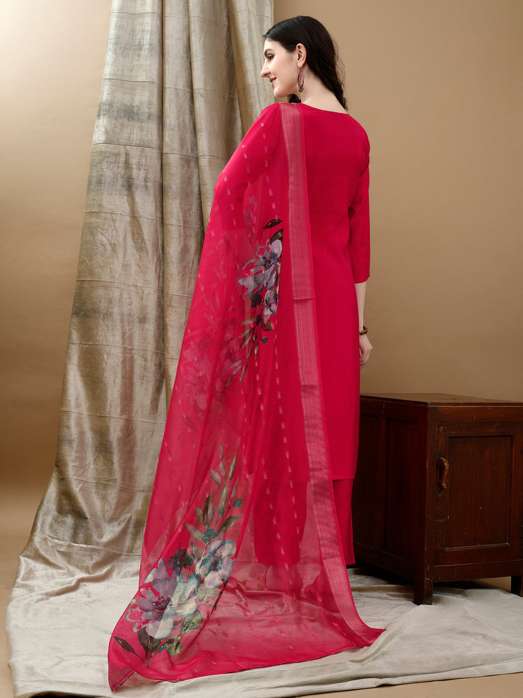 Hand Embroidered & Lace Detailed Kurta With Pant & Dupatta, Pink - Hiral Fashion - Distacart