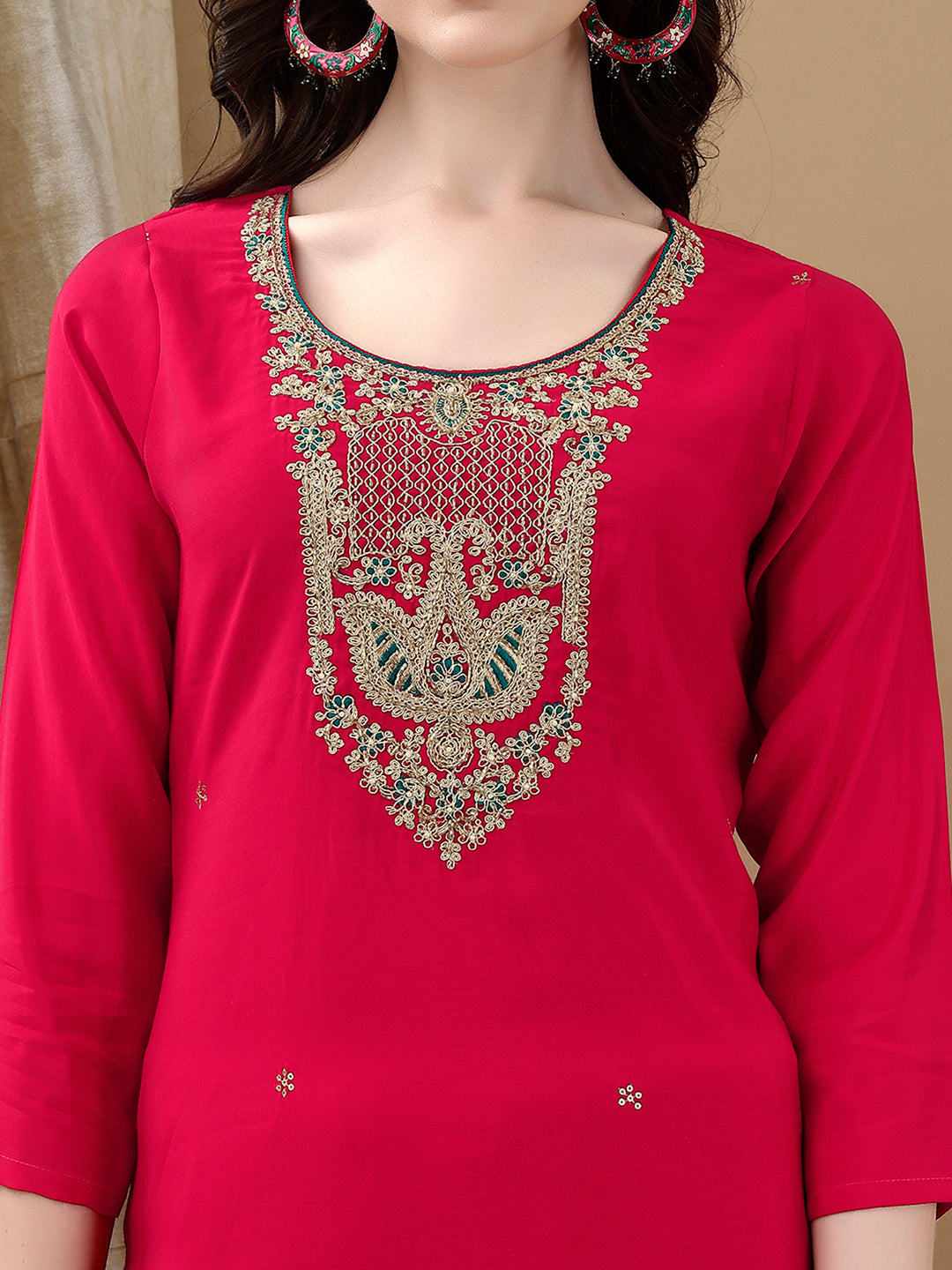 Hand Embroidered & Lace Detailed Kurta With Pant & Dupatta, Pink - Hiral Fashion - Distacart