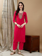 Hand Embroidered & Lace Detailed Kurta With Pant & Dupatta, Pink - Hiral Fashion - Distacart