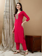 Hand Embroidered & Lace Detailed Kurta With Pant & Dupatta, Pink - Hiral Fashion - Distacart