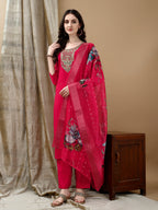 Hand Embroidered & Lace Detailed Kurta With Pant & Dupatta, Pink - Hiral Fashion - Distacart