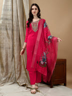 Hand Embroidered & Lace Detailed Kurta With Pant & Dupatta, Pink - Hiral Fashion - Distacart