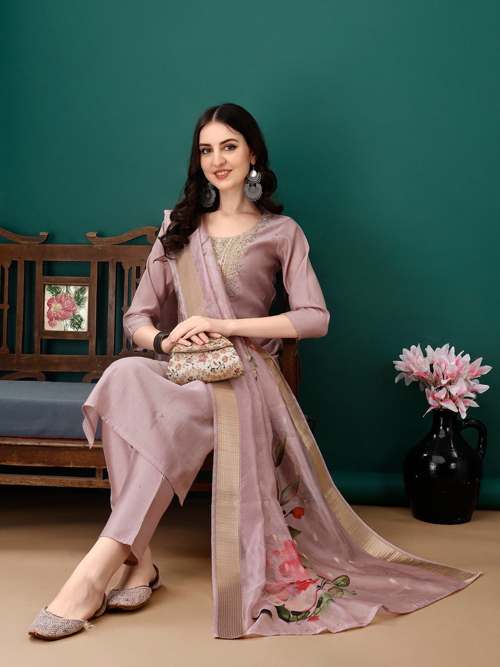 Hand Embroidered Kurta With Pant & Dupatta, Lavender - Hiral Fashion