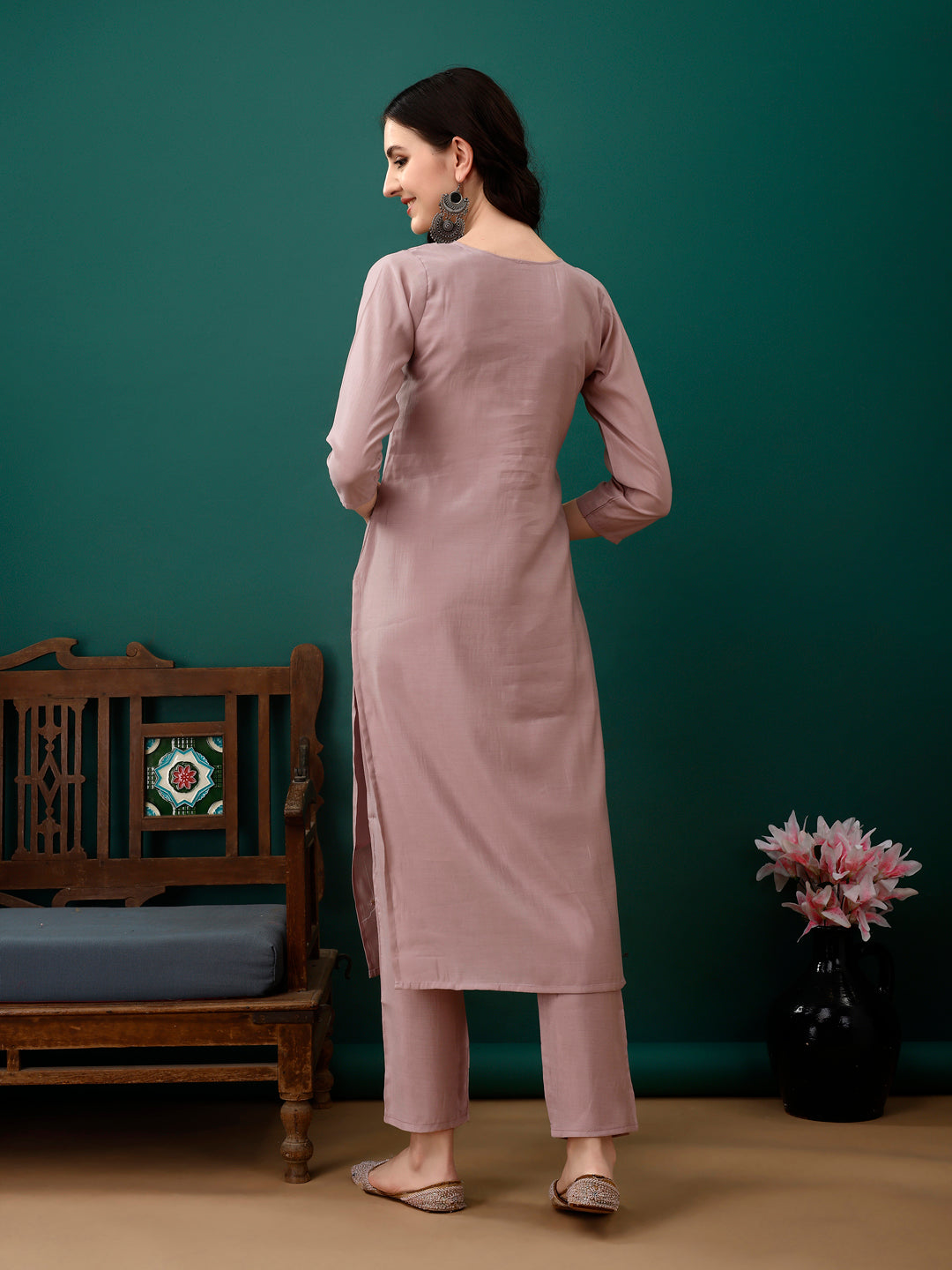 Hand Embroidered Kurta With Pant & Dupatta, Lavender - Hiral Fashion
