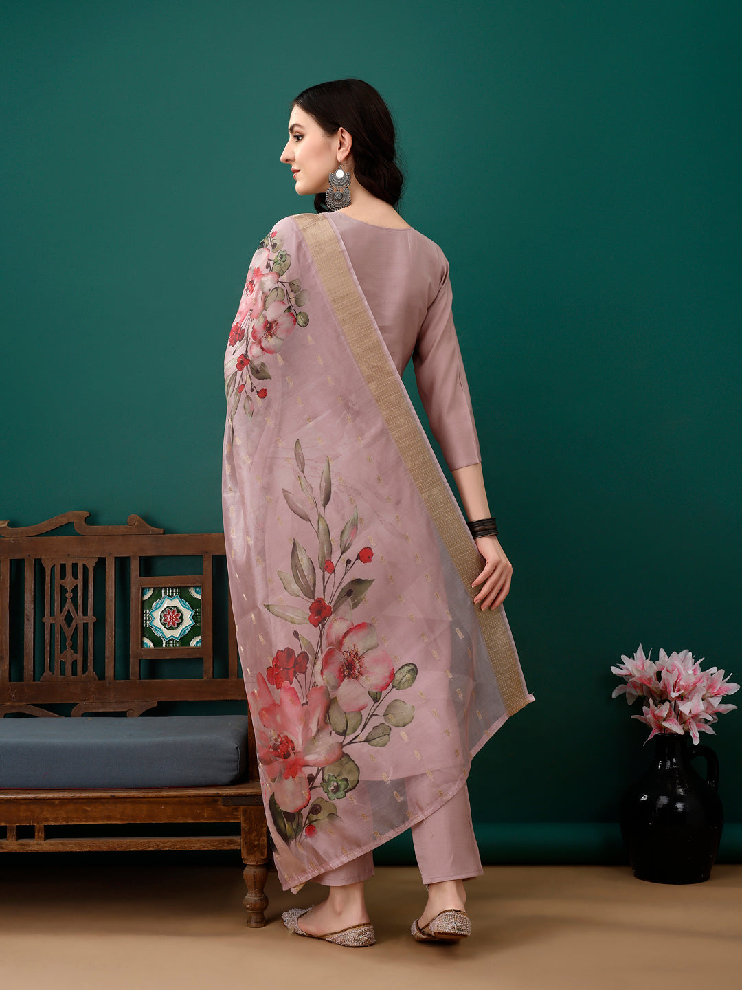 Hand Embroidered Kurta With Pant & Dupatta, Lavender - Hiral Fashion