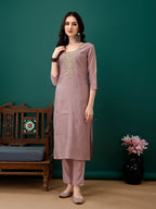 Hand Embroidered Kurta With Pant & Dupatta, Lavender - Hiral Fashion